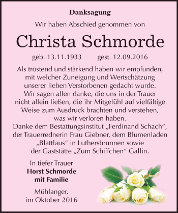 Traueranzeige von Christa Schmorde von Mitteldeutsche Zeitung Wittenberg