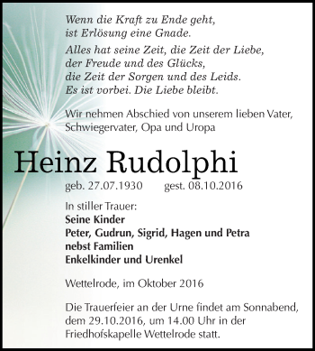 Traueranzeige von Heinz Rudolphi von WVG - Wochenspiegel SGH