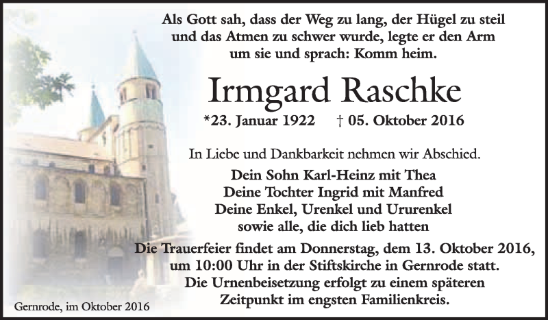  Traueranzeige für Irmgard  Raschke vom 08.10.2016 aus WVG - Wochenspiegel Quedlinburg