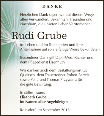 Traueranzeige von Rudi Grube von WVG - Wochenspiegel Dessau / Köthen