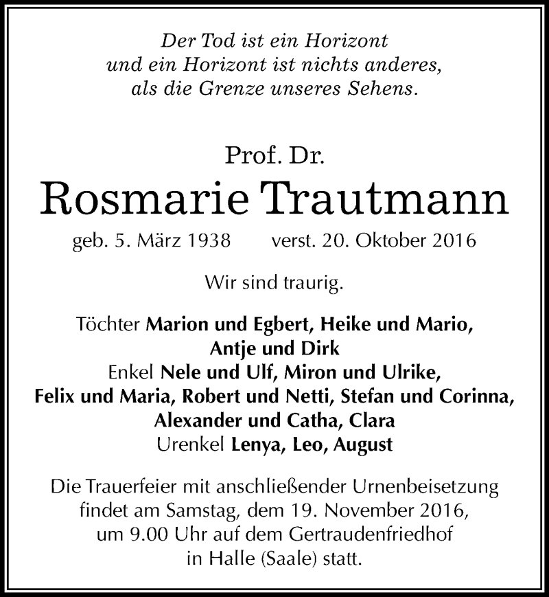 Traueranzeige für Rosmarie Trautmann vom 29.10.2016 aus Mitteldeutsche Zeitung Halle/Saalkreis