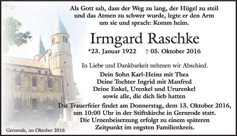  Traueranzeige für Irmgard  Raschke vom 08.10.2016 aus Mitteldeutsche Zeitung Quedlinburg