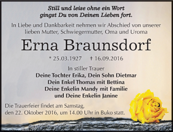 Traueranzeige von Erna Braunsdorf von Mitteldeutsche Zeitung Wittenberg