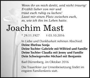 Traueranzeige von Joachim Mast von Mitteldeutsche Zeitung Merseburg/Querfurt