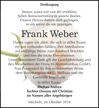 Traueranzeige von Frank Weber von Mitteldeutsche Zeitung Merseburg/Querfurt