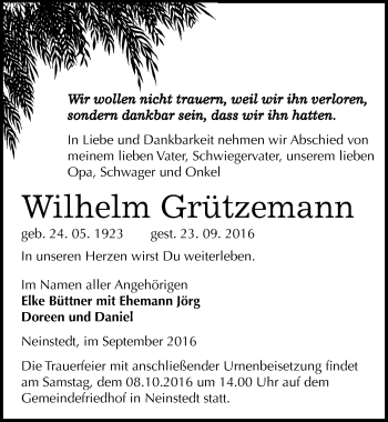 Traueranzeige von Wilhelm Grützemann von Mitteldeutsche Zeitung Quedlinburg