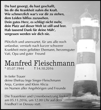 Traueranzeige von Manfred Fleischmann von Mitteldeutsche Zeitung Dessau-Roßlau