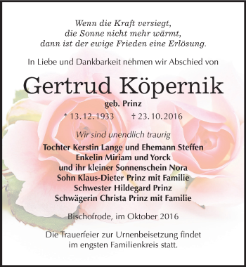 Traueranzeige von Gertrud Köpernik von Mitteldeutsche Zeitung Mansfelder Land