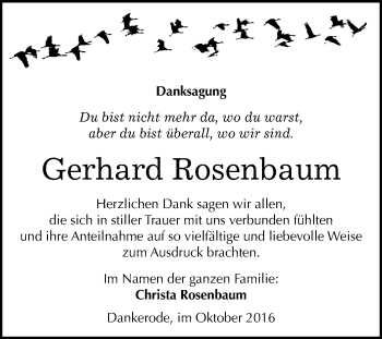 Traueranzeige von Gerhard Rosenbaum von WVG - Wochenspiegel Quedlinburg