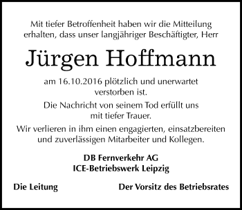 Traueranzeige von Jürgen Hoffmann von Mitteldeutsche Zeitung Weißenfels