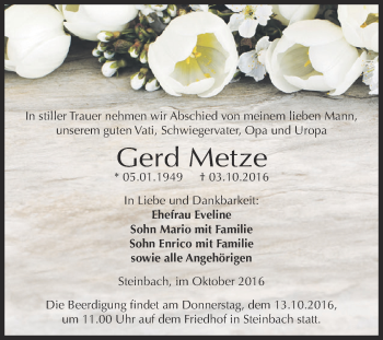 Traueranzeige von Gerd Metze von WVG - Wochenspiegel NMB / WSF / ZTZ