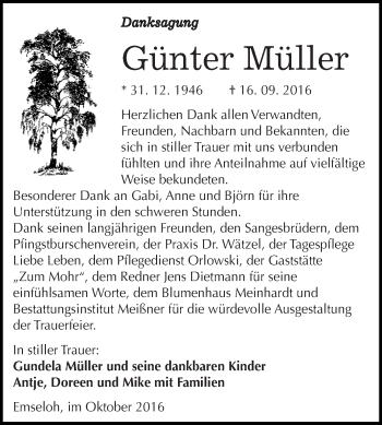 Traueranzeige von Günter Müller von Super Sonntag SGH Mansf. Land