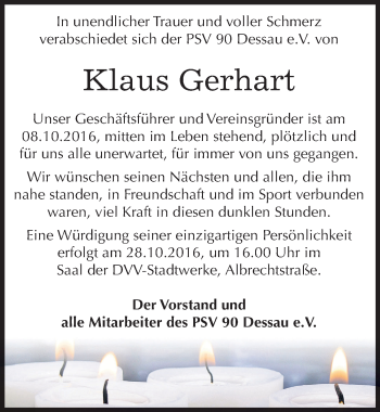 Traueranzeige von Klaus Gerhart von Mitteldeutsche Zeitung Dessau-Roßlau