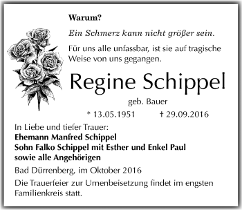Traueranzeige von Regine Schippel von Mitteldeutsche Zeitung Merseburg/Querfurt