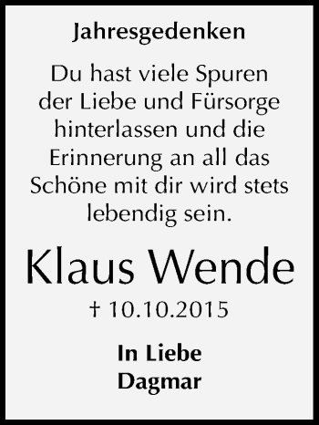 Traueranzeige von Klaus Wende von Mitteldeutsche Zeitung Dessau-Roßlau