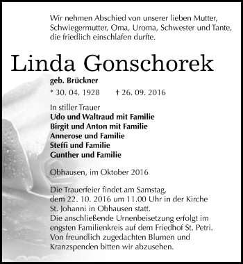 Traueranzeige von Linda Gonschorek von Mitteldeutsche Zeitung Merseburg/Querfurt