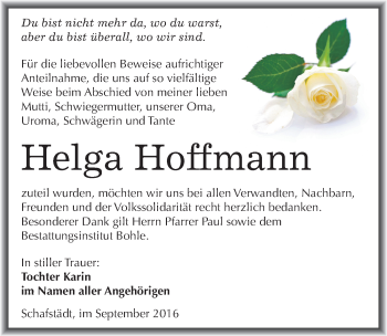 Traueranzeige von Helga Hoffmann von Mitteldeutsche Zeitung Merseburg/Querfurt