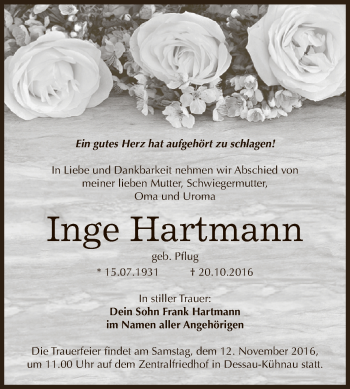 Traueranzeige von Inge Hartmann von WVG - Wochenspiegel Dessau / Köthen