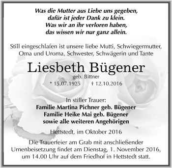 Traueranzeige von Liesbeth Bügener von Mitteldeutsche Zeitung Mansfelder Land