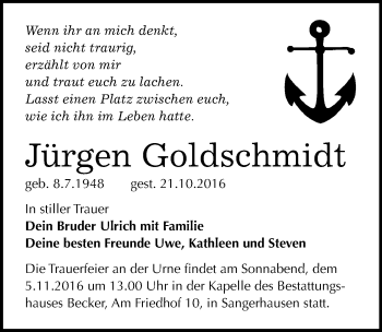 Traueranzeige von Jürgen Goldschmidt von Mitteldeutsche Zeitung Sangerhausen