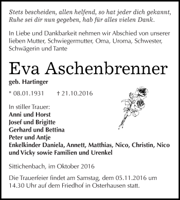 Traueranzeige von Eva Aschenbrenner von Super Sonntag SGH Mansf. Land
