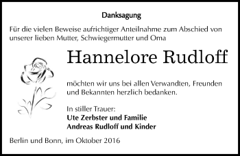 Traueranzeige von Hannelore Rudloff von Mitteldeutsche Zeitung Dessau-Roßlau