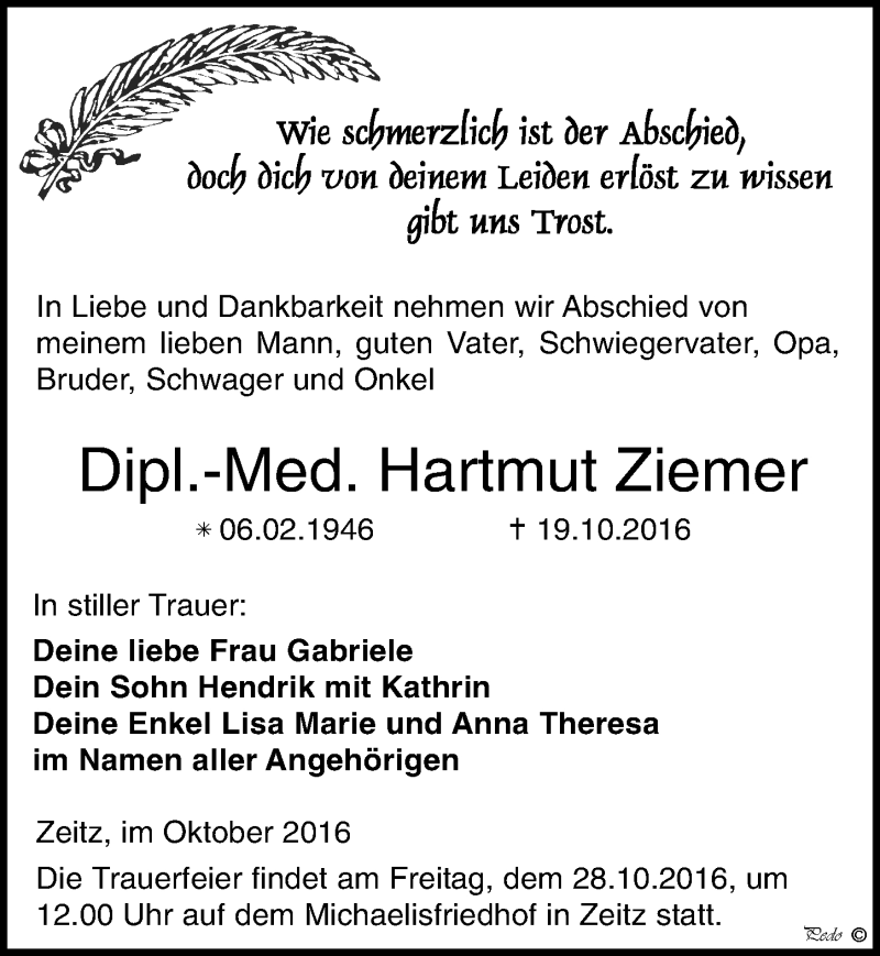  Traueranzeige für Hartmut Ziemer vom 22.10.2016 aus Mitteldeutsche Zeitung Zeitz