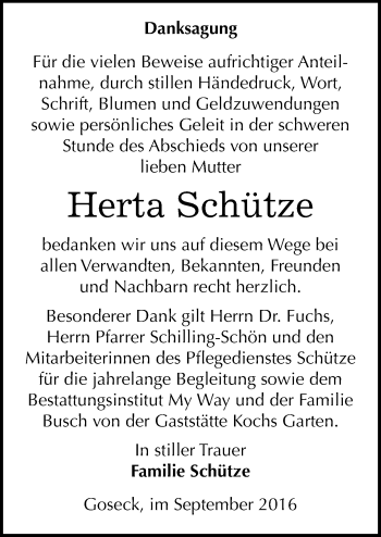 Traueranzeige von Herta Schütze von Mitteldeutsche Zeitung Weißenfels