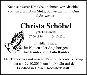 Traueranzeige von Christa Schöbel von Mitteldeutsche Zeitung Dessau-Roßlau