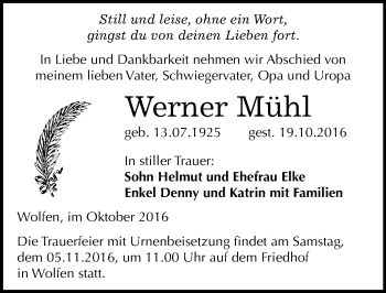 Traueranzeige von Werner Mühl von Mitteldeutsche Zeitung Bitterfeld