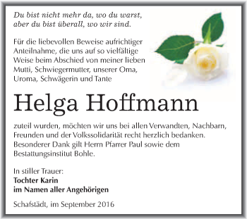 Traueranzeige von Helga Hoffmann von WVG - Wochenspiegel Merseburg