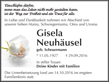 Traueranzeige von Gisela Neuhäusel von Mitteldeutsche Zeitung Merseburg/Querfurt