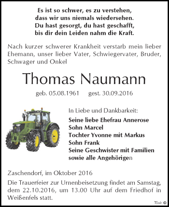 Traueranzeige von Thomas Naumann von WVG - Wochenspiegel NMB / WSF / ZTZ