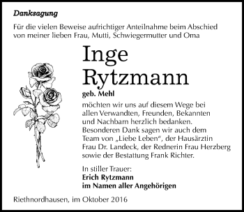 Traueranzeige von Inge Rytzmann von Mitteldeutsche Zeitung Sangerhausen
