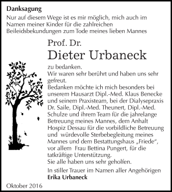 Traueranzeige von Dieter Urbaneck von WVG - Wochenspiegel Dessau / Köthen