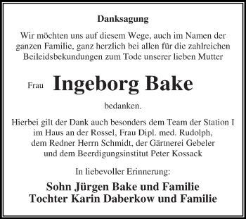 Traueranzeige von Ingeborg Bake von WVG - Wochenspiegel Dessau / Köthen