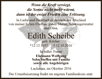 Traueranzeige von Edith Scheibe von Super Sonntag Zeitz