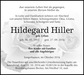 Traueranzeige von Hildegard Hiller von Super Sonntag SGH Mansf. Land