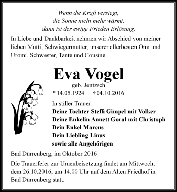Traueranzeige von Eva Vogel von Mitteldeutsche Zeitung Merseburg/Querfurt