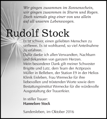 Traueranzeige von Rudolf Stock von Super Sonntag SGH Mansf. Land