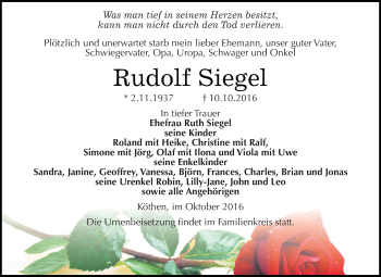 Traueranzeige von Rudolf Siegel von WVG - Wochenspiegel Dessau / Köthen