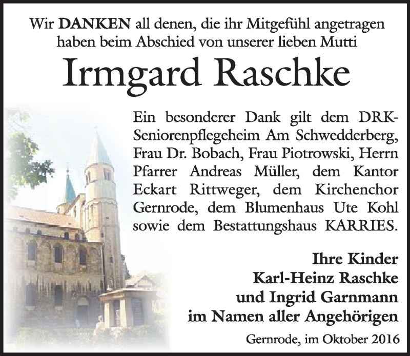  Traueranzeige für Irmgard  Raschke vom 22.10.2016 aus Mitteldeutsche Zeitung Quedlinburg