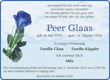 Traueranzeige von Peer Glaas von Super Sonntag Wittenberg