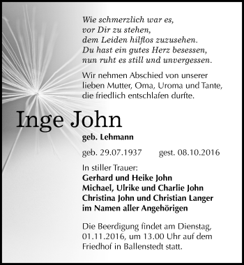Traueranzeige von Inge John von Mitteldeutsche Zeitung Quedlinburg