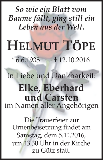 Traueranzeige von Helmut Töpe von Mitteldeutsche Zeitung Halle/Saalkreis