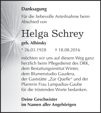 Traueranzeige von Helga Schrey von WVG - Wochenspiegel Bitterfeld