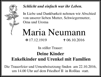 Traueranzeige von Maria Neumann von Mitteldeutsche Zeitung Dessau-Roßlau