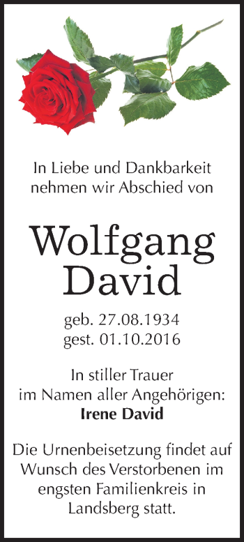 Traueranzeige von Wolfgang David von Mitteldeutsche Zeitung Halle/Saalkreis