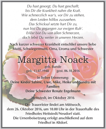 Traueranzeige von Margitta Noack von Wochenspiegel Mansfelder Land