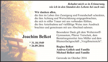 Traueranzeige von Joachim Belkot von Mitteldeutsche Zeitung Quedlinburg